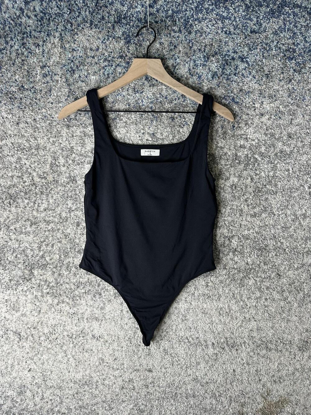 Babaton Bodysuit Womens Large Black Square Neck Tank Stretch Nylon Spandex Knit